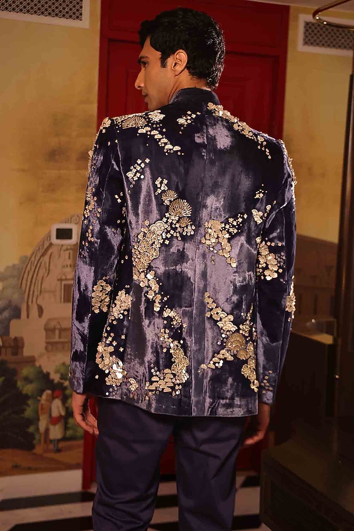 Blue Silk Velvet Hand Embroidered Groom Bandhgala Set by Sahil Kochhar Men at Pernia's Pop Up Shop