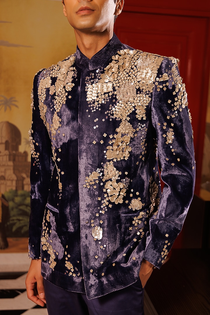 Blue Silk Velvet Hand Embroidered Groom Bandhgala Set by Sahil Kochhar Men at Pernia's Pop Up Shop
