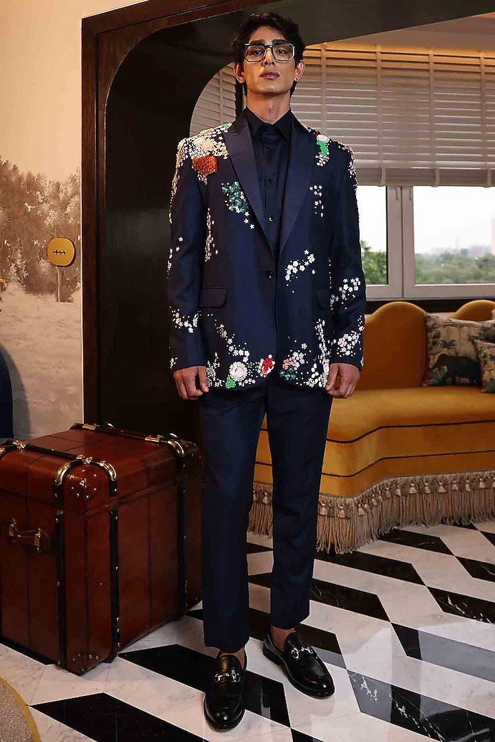 Blue Suiting Hand Embroidered Tuxedo by Sahil Kochhar Men at Pernia's Pop Up Shop