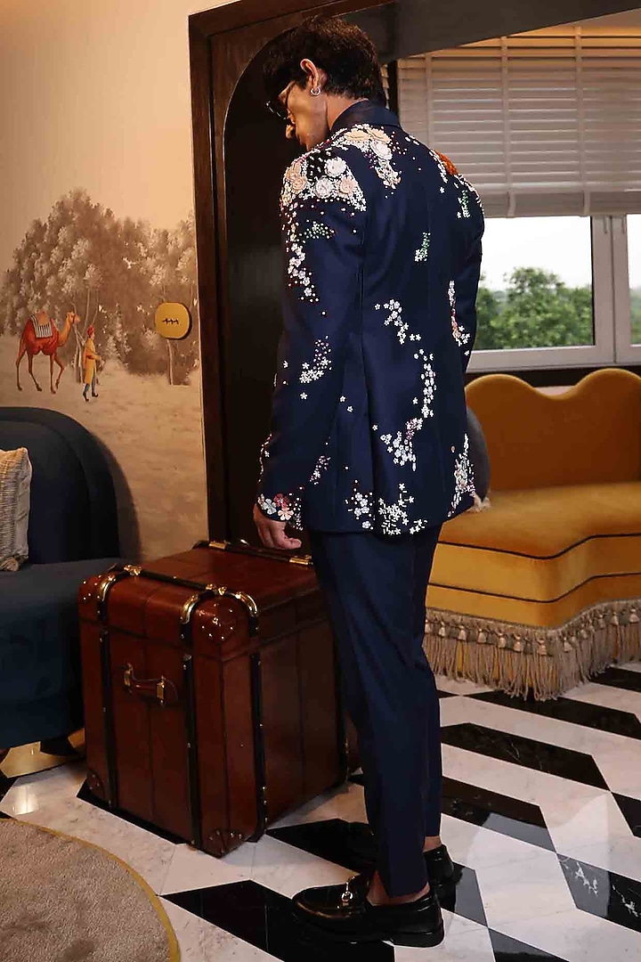 Blue Suiting Hand Embroidered Tuxedo by Sahil Kochhar Men at Pernia's Pop Up Shop