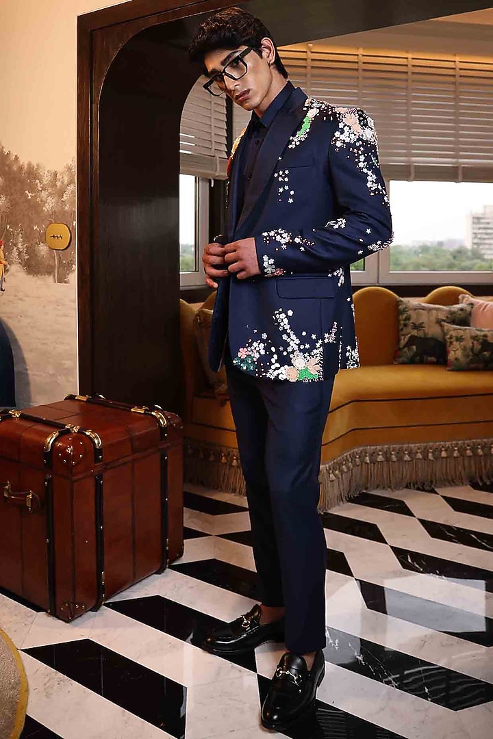 Blue Suiting Hand Embroidered Tuxedo by Sahil Kochhar Men at Pernia's Pop Up Shop