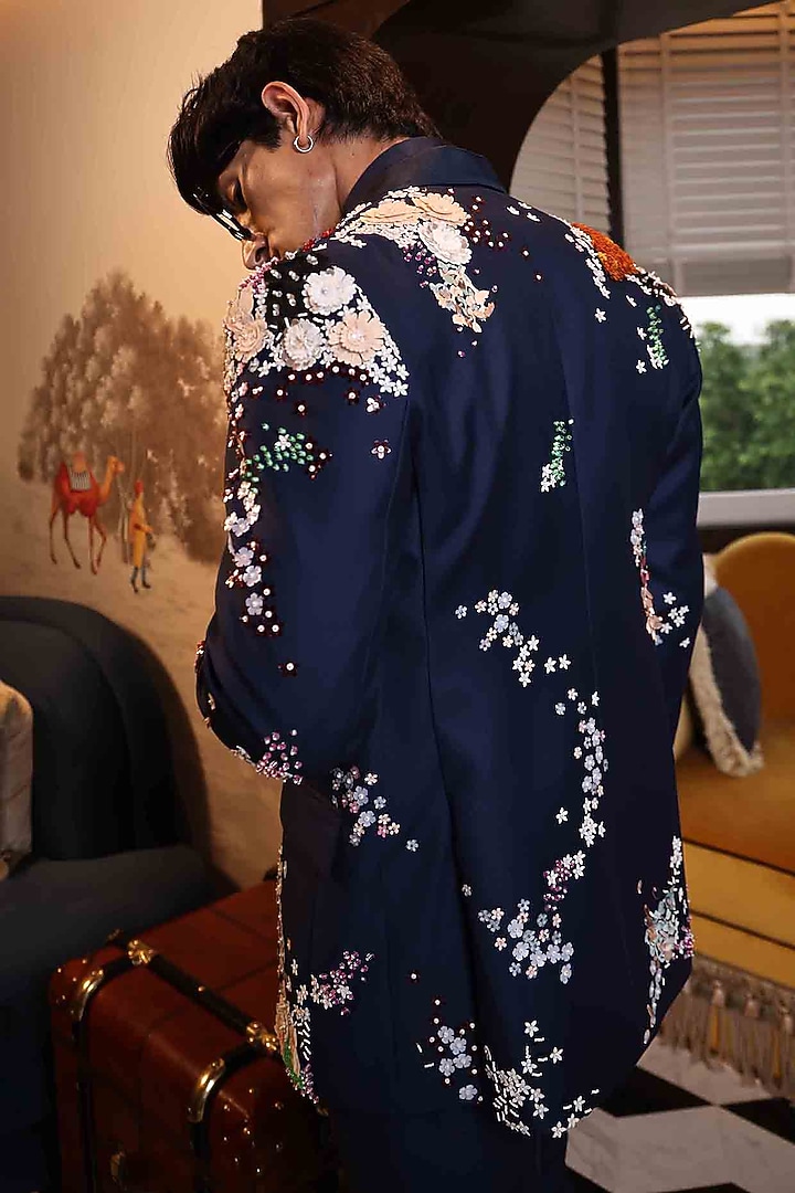 Blue Suiting Hand Embroidered Tuxedo by Sahil Kochhar Men at Pernia's Pop Up Shop
