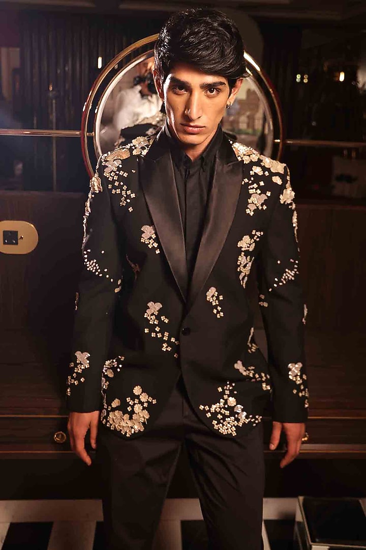 Black Suiting Hand Embroidered Tuxedo by Sahil Kochhar Men at Pernia's Pop Up Shop