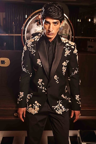 Black Suiting Hand Embroidered Tuxedo by Sahil Kochhar Men