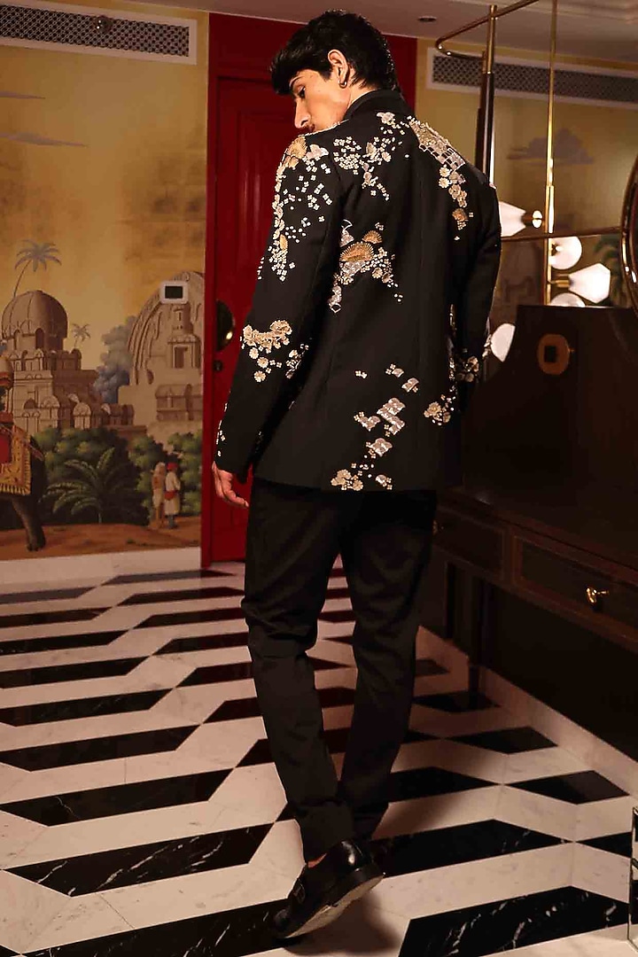 Black Suiting Hand Embroidered Tuxedo by Sahil Kochhar Men at Pernia's Pop Up Shop