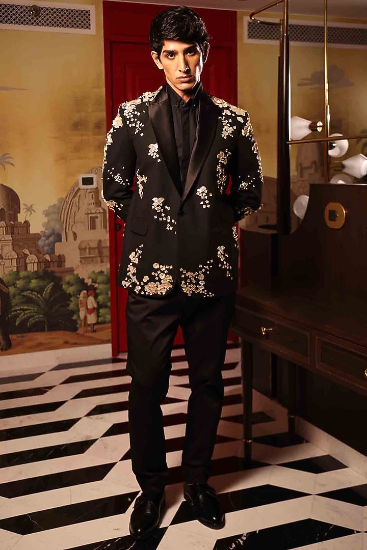 Black Suiting Hand Embroidered Tuxedo by Sahil Kochhar Men at Pernia's Pop Up Shop