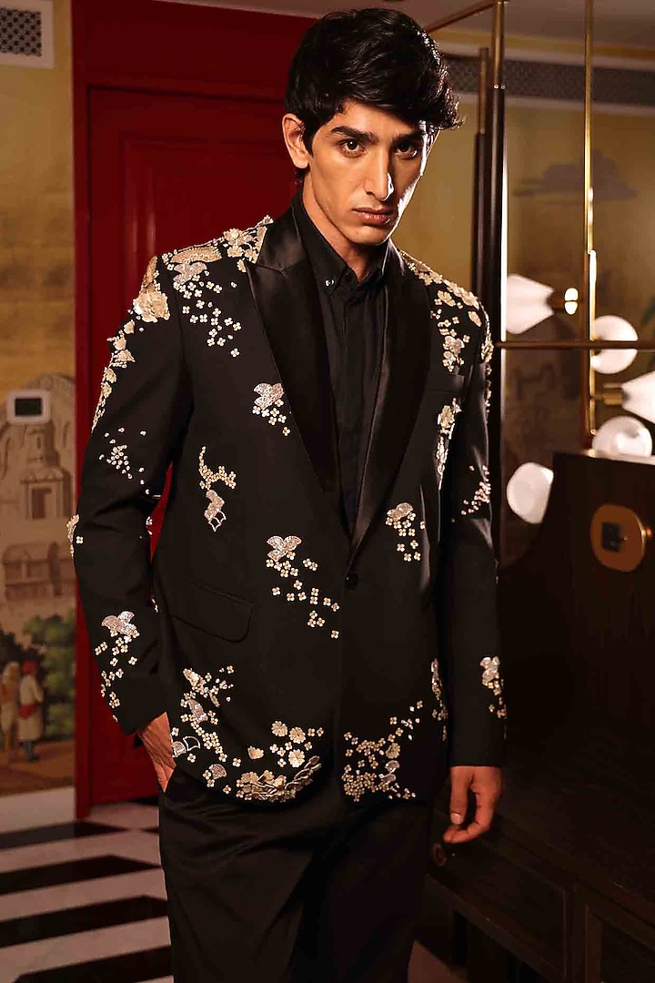 Black Suiting Hand Embroidered Tuxedo by Sahil Kochhar Men at Pernia's Pop Up Shop