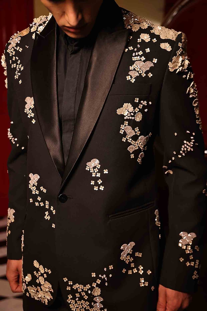 Black Suiting Hand Embroidered Tuxedo by Sahil Kochhar Men at Pernia's Pop Up Shop
