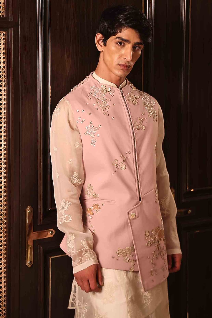 Soft Pink Suiting Hand Embroidered Bundi Jacket by Sahil Kochhar Men at Pernia's Pop Up Shop