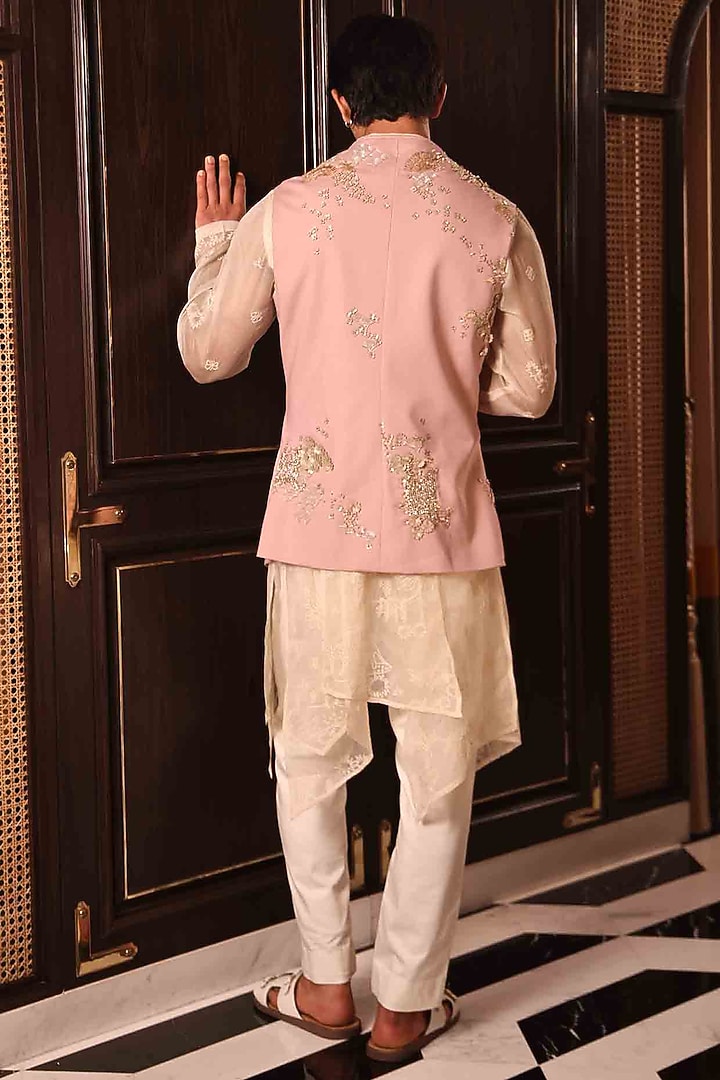 Soft Pink Suiting Hand Embroidered Bundi Jacket by Sahil Kochhar Men at Pernia's Pop Up Shop