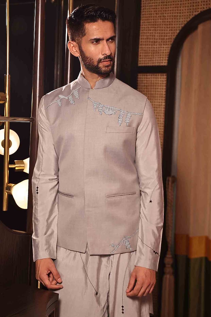 Grey Suiting Hand Embroidered Bundi Jacket by Sahil Kochhar Men at Pernia's Pop Up Shop