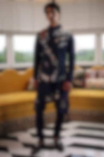 Blue Matka Silk Applique Embroidered Bundi Jacket by Sahil Kochhar Men at Pernia's Pop Up Shop