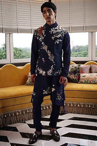 Blue Matka Silk Applique Embroidered Bundi Jacket by Sahil Kochhar Men