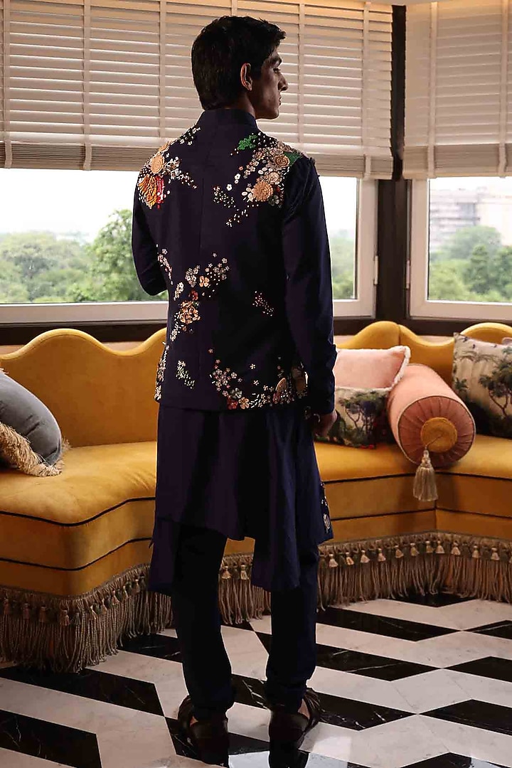 Blue Matka Silk Applique Embroidered Bundi Jacket by Sahil Kochhar Men at Pernia's Pop Up Shop