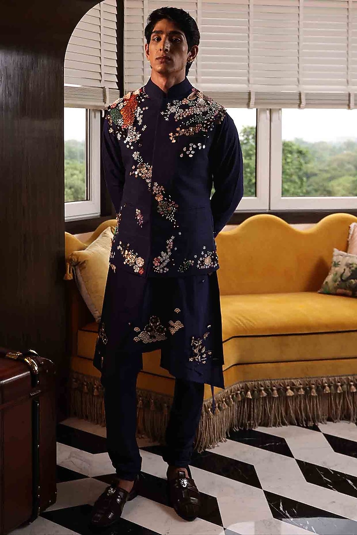 Blue Matka Silk Applique Embroidered Bundi Jacket by Sahil Kochhar Men at Pernia's Pop Up Shop