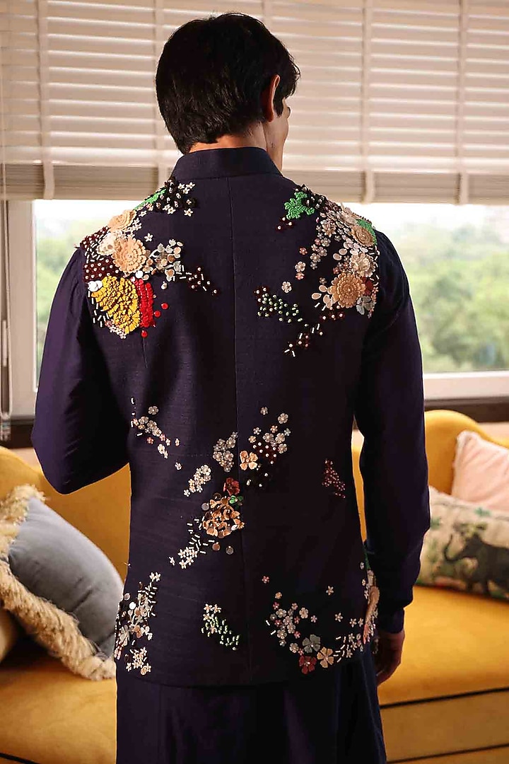 Blue Matka Silk Applique Embroidered Bundi Jacket by Sahil Kochhar Men at Pernia's Pop Up Shop