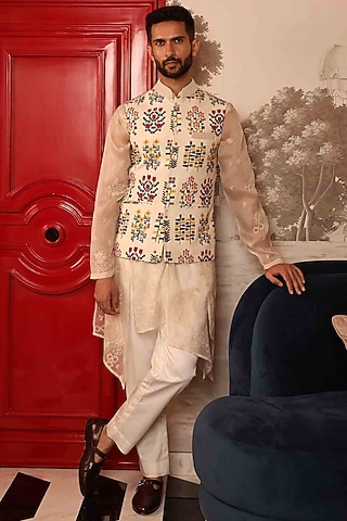Ivory Katan Silk Hand Embroidered Bundi Jacket by Sahil Kochhar Men