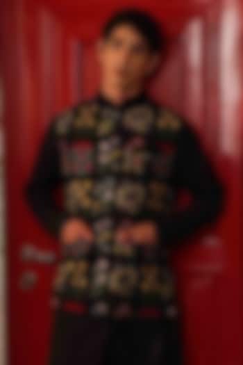 Black Katan Fabric Hand Embroidered Bundi Jacket by Sahil Kochhar Men at Pernia's Pop Up Shop