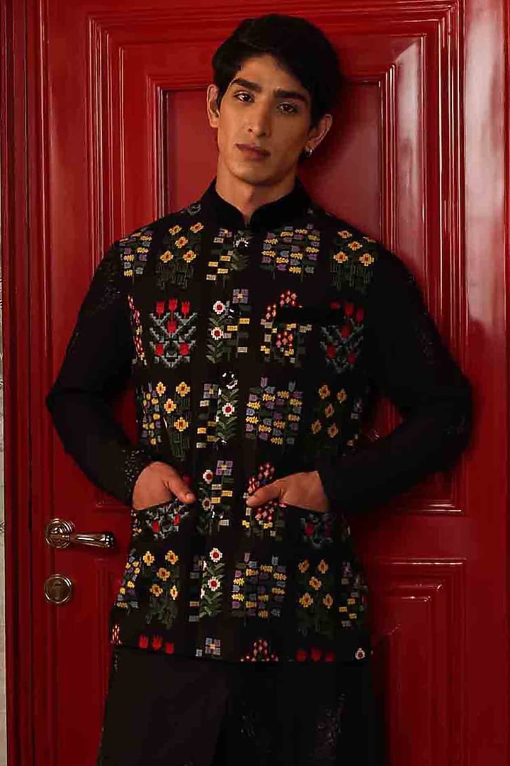Black Katan Fabric Hand Embroidered Bundi Jacket by Sahil Kochhar Men at Pernia's Pop Up Shop