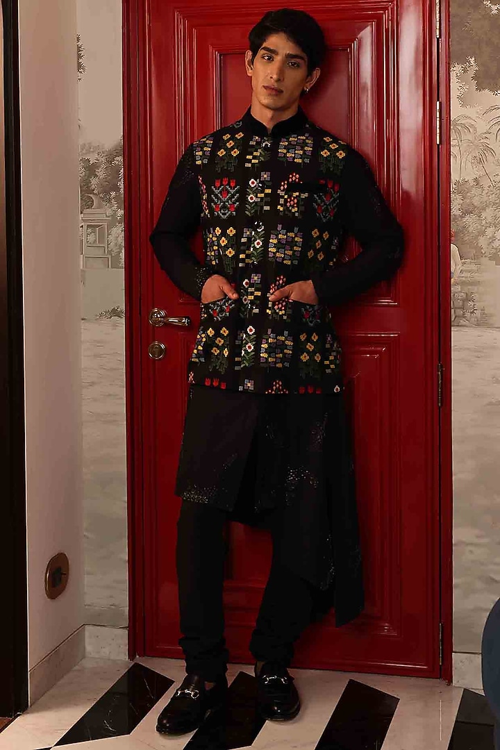 Black Katan Fabric Hand Embroidered Bundi Jacket by Sahil Kochhar Men at Pernia's Pop Up Shop