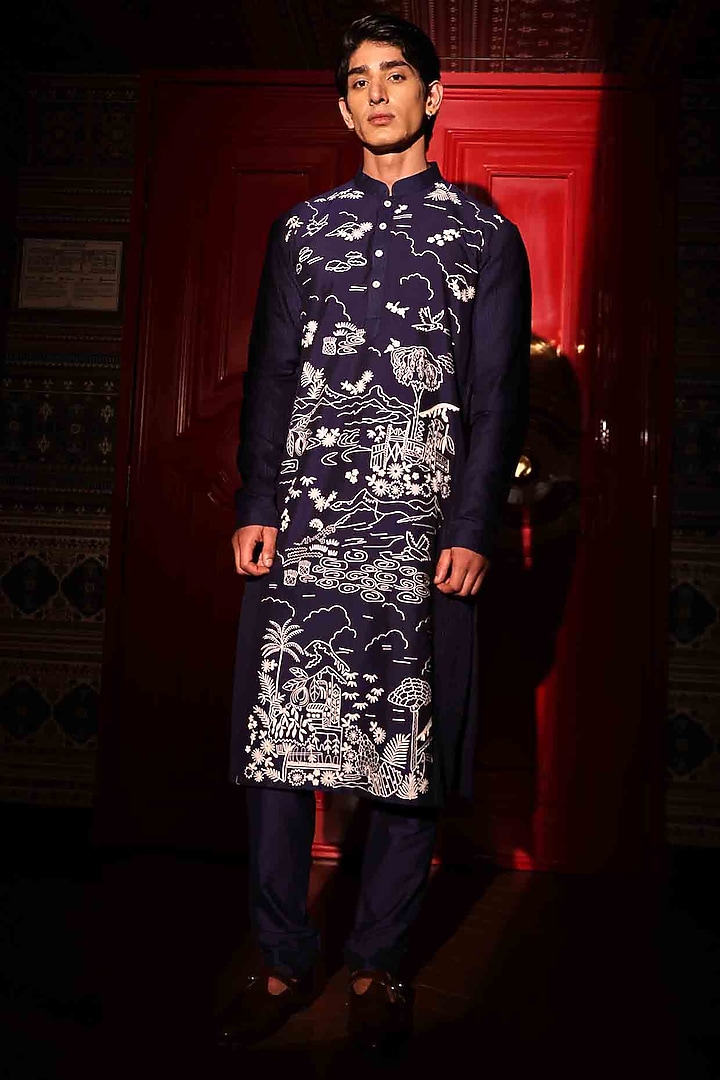 Blue Katan Fabric Hand Embroidered Kurta Set by Sahil Kochhar Men at Pernia's Pop Up Shop