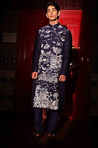 Blue Katan Fabric Hand Embroidered Kurta Set by Sahil Kochhar Men