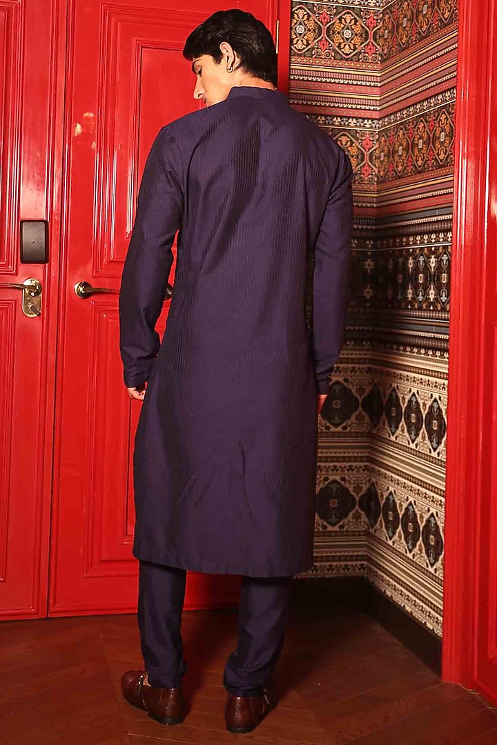 Blue Katan Fabric Hand Embroidered Kurta Set by Sahil Kochhar Men at Pernia's Pop Up Shop