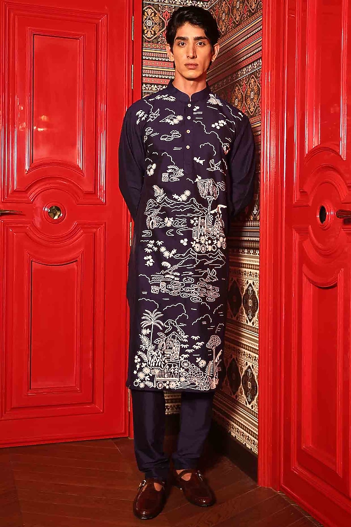 Blue Katan Fabric Hand Embroidered Kurta Set by Sahil Kochhar Men at Pernia's Pop Up Shop