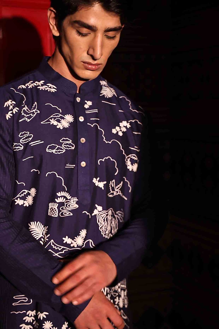 Blue Katan Fabric Hand Embroidered Kurta Set by Sahil Kochhar Men at Pernia's Pop Up Shop