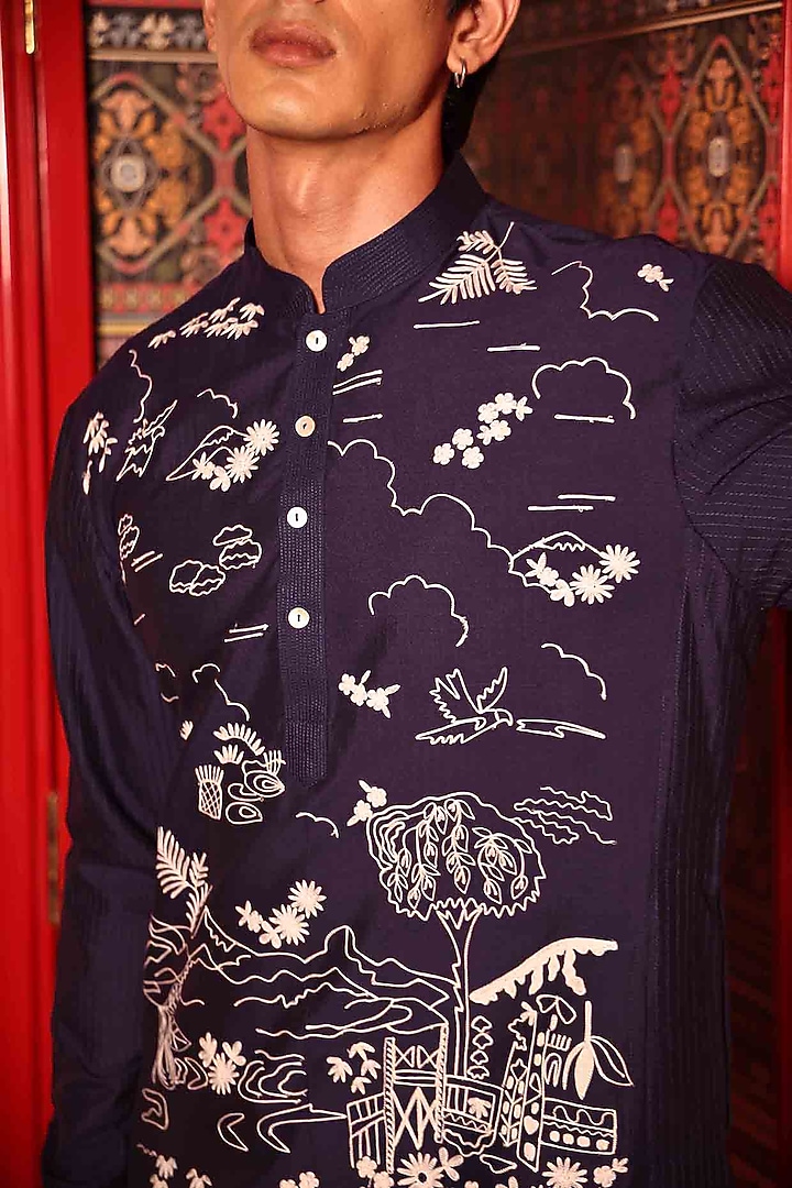 Blue Katan Fabric Hand Embroidered Kurta Set by Sahil Kochhar Men at Pernia's Pop Up Shop
