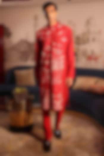 Red Katan Fabric Hand Embroidered Kurta Set by Sahil Kochhar Men at Pernia's Pop Up Shop