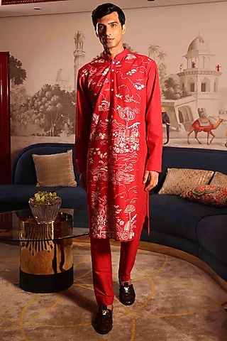 Red Katan Fabric Hand Embroidered Kurta Set by Sahil Kochhar Men
