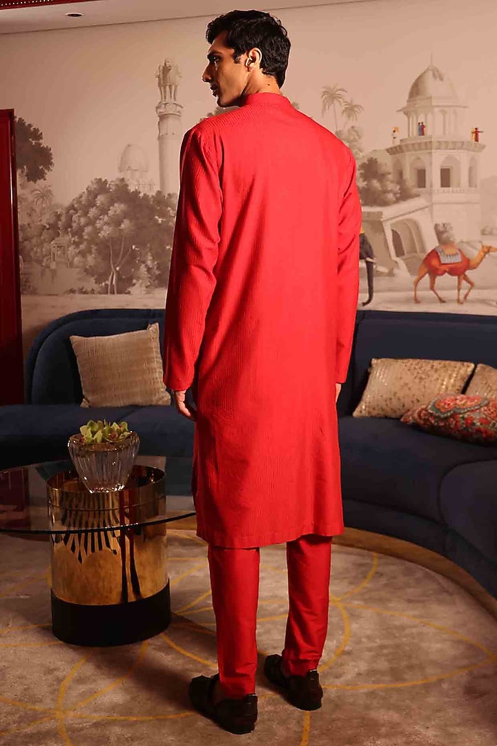 Red Katan Fabric Hand Embroidered Kurta Set by Sahil Kochhar Men at Pernia's Pop Up Shop
