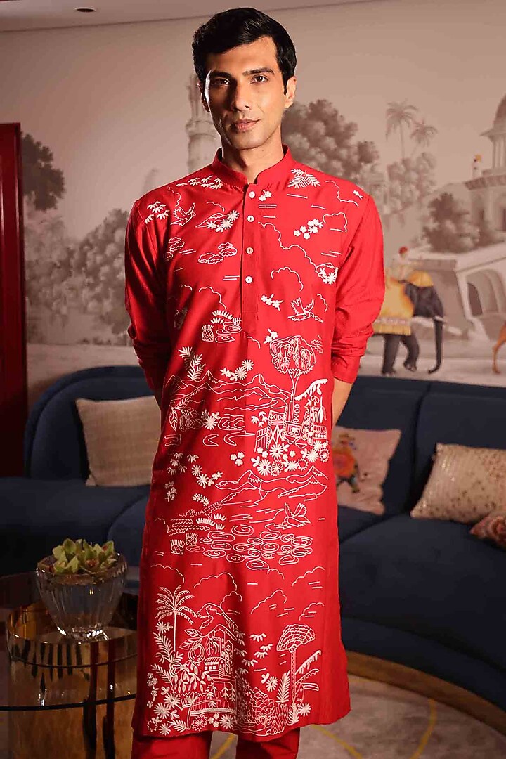 Red Katan Fabric Hand Embroidered Kurta Set by Sahil Kochhar Men at Pernia's Pop Up Shop