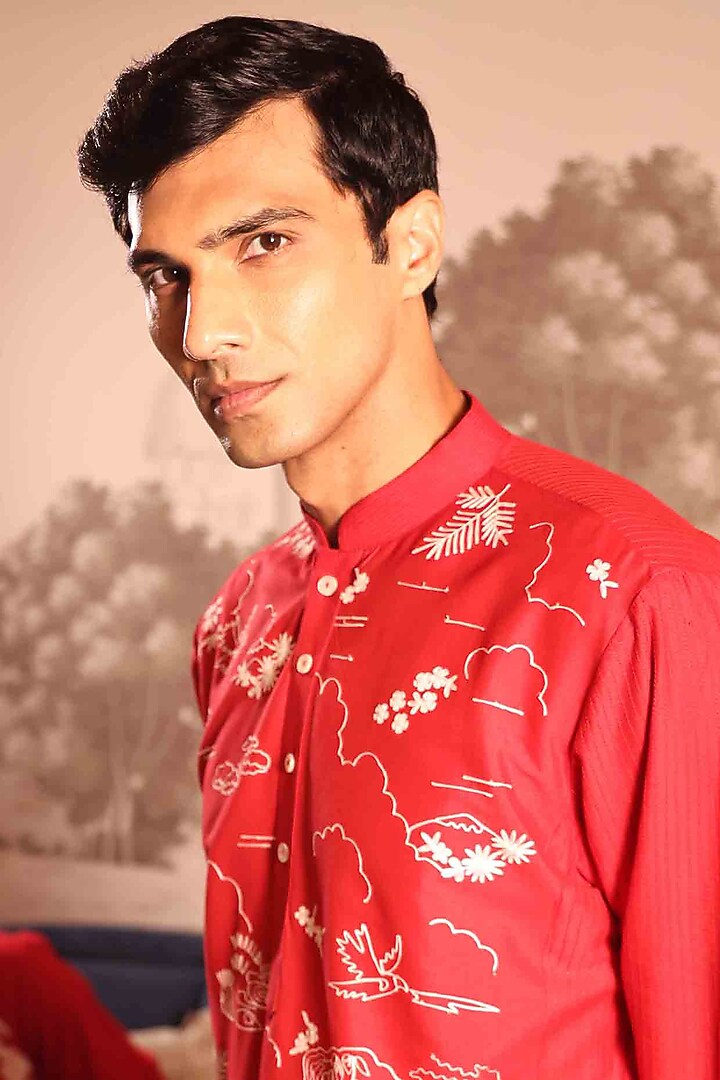 Red Katan Fabric Hand Embroidered Kurta Set by Sahil Kochhar Men at Pernia's Pop Up Shop