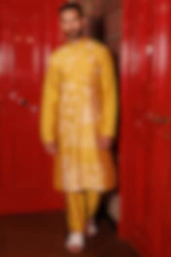 Yellow Katan Fabric Hand Embroidered Kurta Set by Sahil Kochhar Men at Pernia's Pop Up Shop