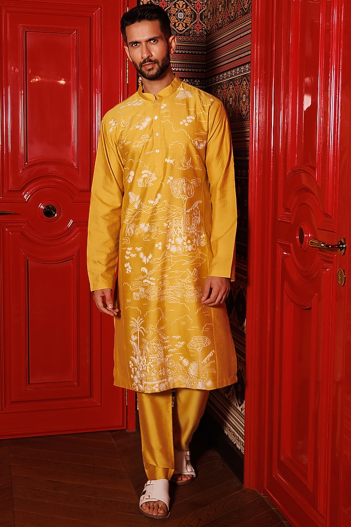 Yellow Katan Fabric Hand Embroidered Kurta Set by Sahil Kochhar Men at Pernia's Pop Up Shop