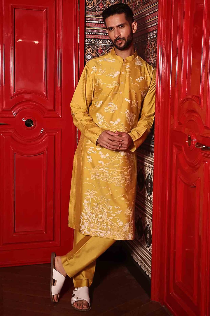 Yellow Katan Fabric Hand Embroidered Kurta Set by Sahil Kochhar Men at Pernia's Pop Up Shop