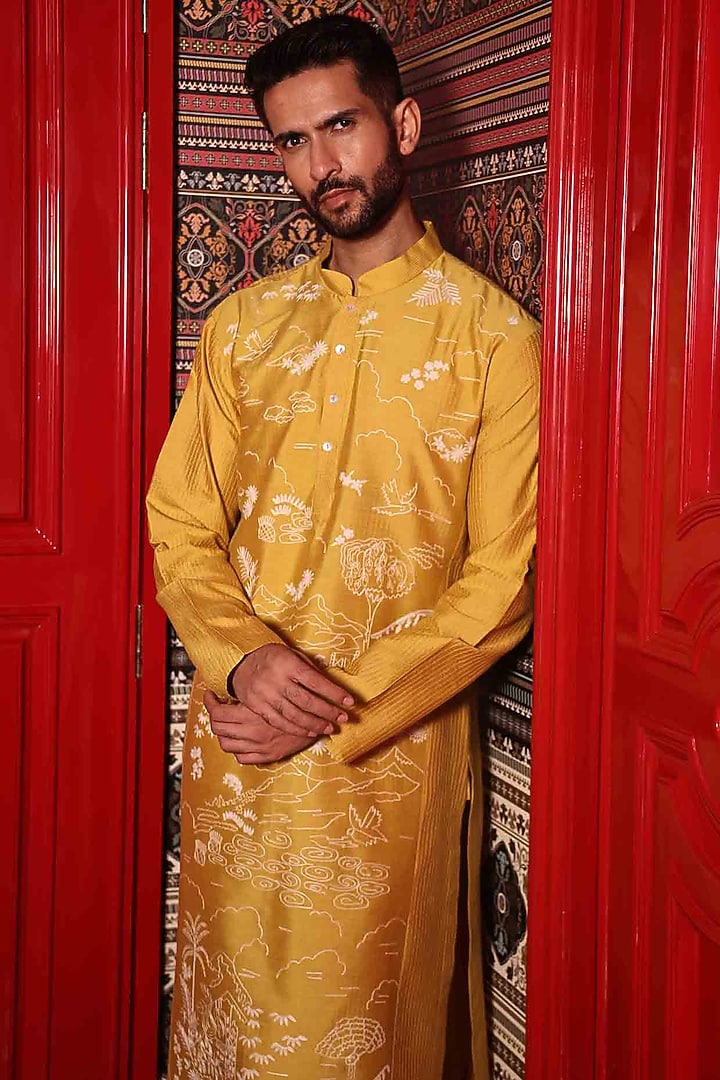 Yellow Katan Fabric Hand Embroidered Kurta Set by Sahil Kochhar Men at Pernia's Pop Up Shop