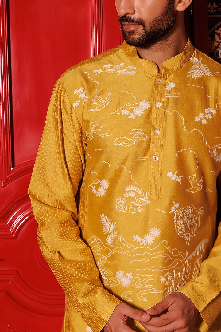 Yellow Katan Fabric Hand Embroidered Kurta Set by Sahil Kochhar Men at Pernia's Pop Up Shop