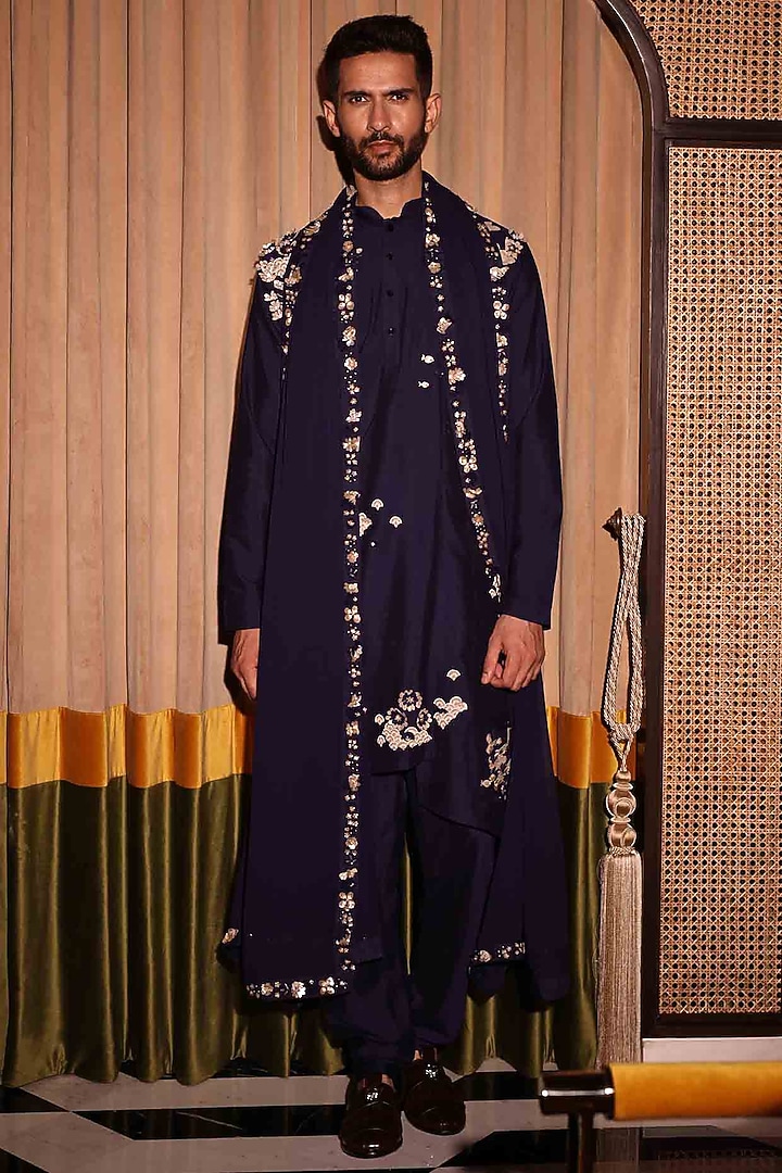 Blue Georgette Hand Embroidered Stole by Sahil Kochhar Men at Pernia's Pop Up Shop