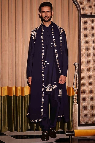 Blue Georgette Hand Embroidered Stole by Sahil Kochhar Men