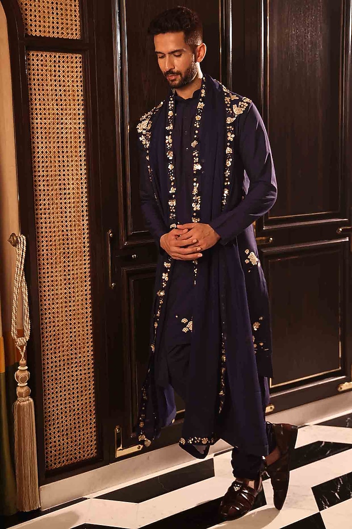 Blue Georgette Hand Embroidered Stole by Sahil Kochhar Men at Pernia's Pop Up Shop