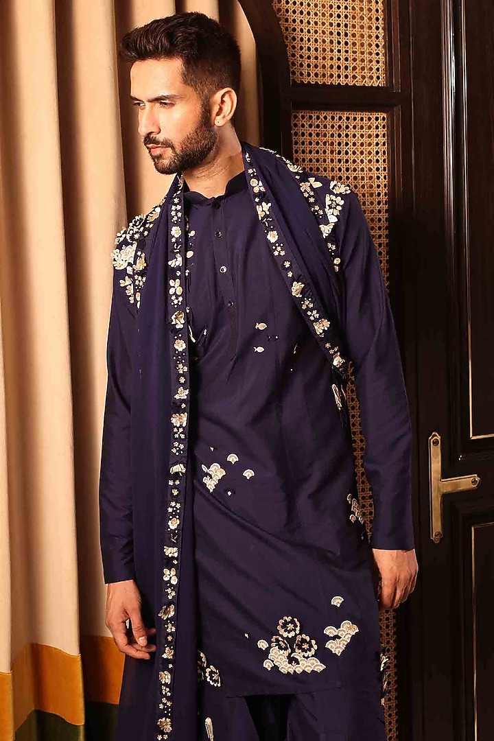 Blue Georgette Hand Embroidered Stole by Sahil Kochhar Men at Pernia's Pop Up Shop