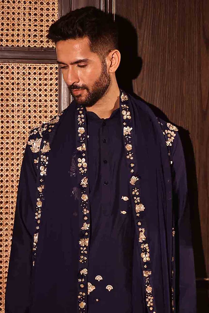 Blue Georgette Hand Embroidered Stole by Sahil Kochhar Men at Pernia's Pop Up Shop