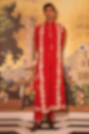 Red Georgette Hand Embroidered Stole by Sahil Kochhar Men at Pernia's Pop Up Shop