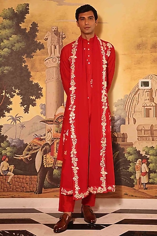 Red Georgette Hand Embroidered Stole by Sahil Kochhar Men