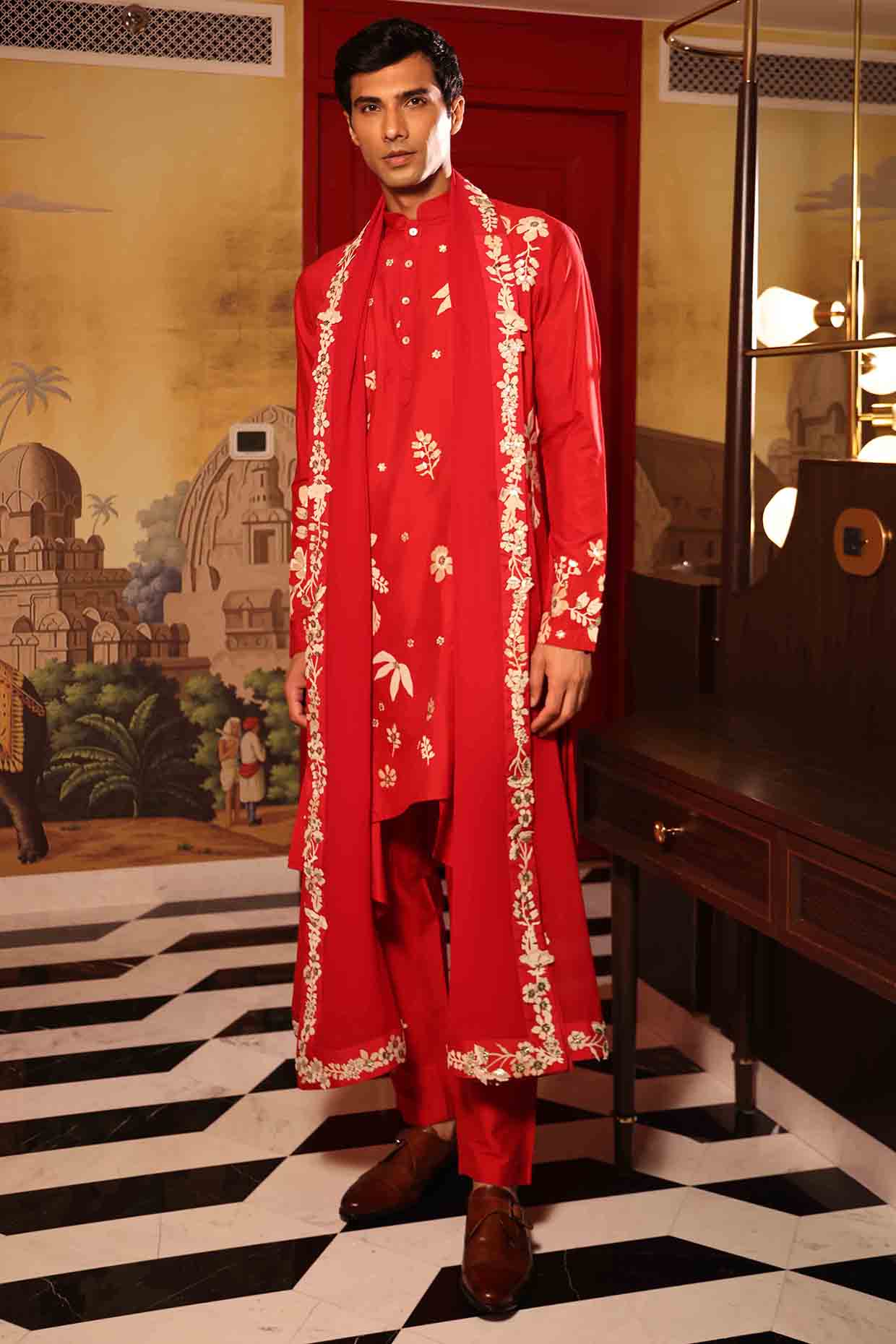 Red Georgette Hand Embroidered Stole by Sahil Kochhar Men at Pernia's Pop Up Shop
