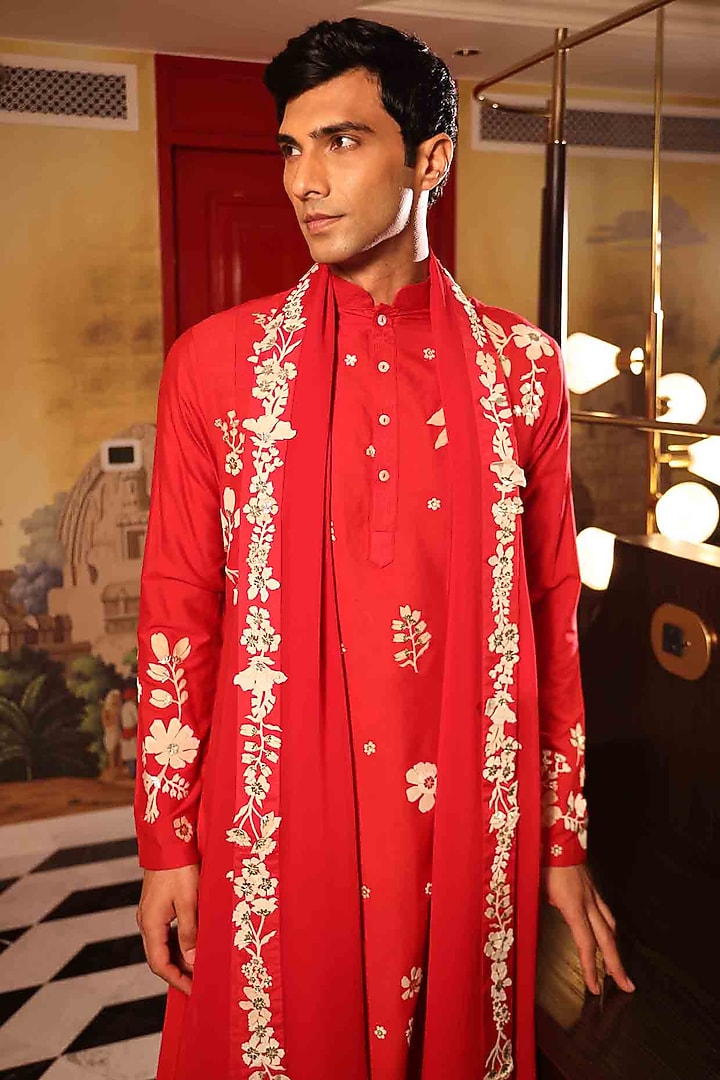 Red Georgette Hand Embroidered Stole by Sahil Kochhar Men at Pernia's Pop Up Shop