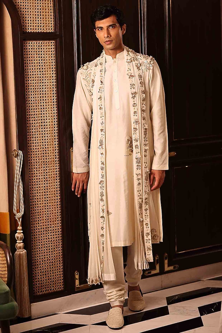 Ivory Georgette Hand Embroidered Stole by Sahil Kochhar Men at Pernia's Pop Up Shop